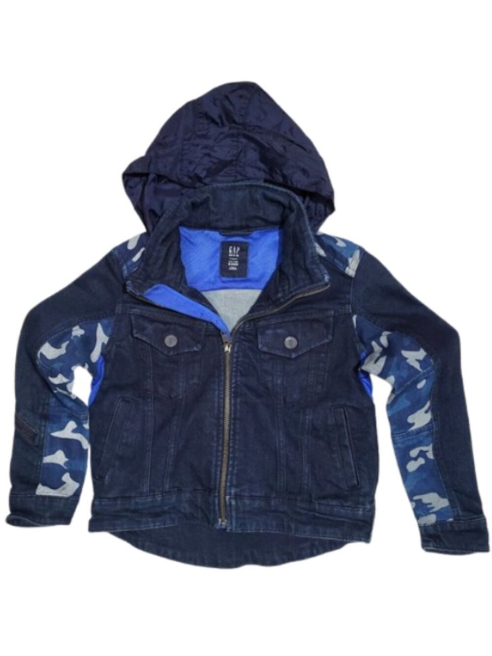 GAP Blue Denim Camo Jean Jacket With Zip Out Hood - Boys 5 Regular